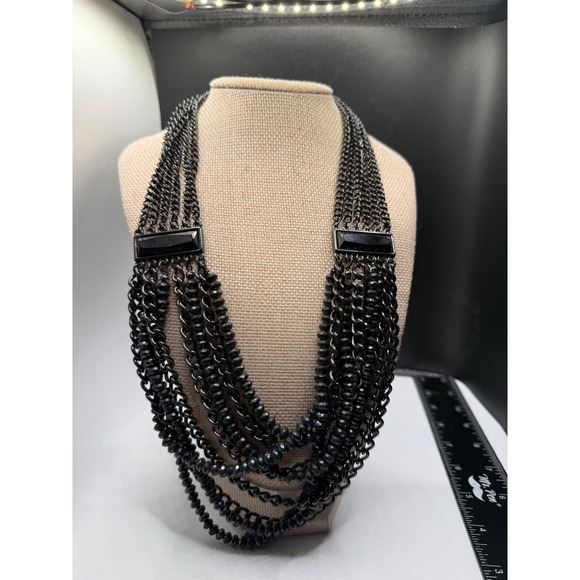 Jewelry - Gunmetal Multi Strand Statement Necklace Black Iridescent Beaded Layered Chain